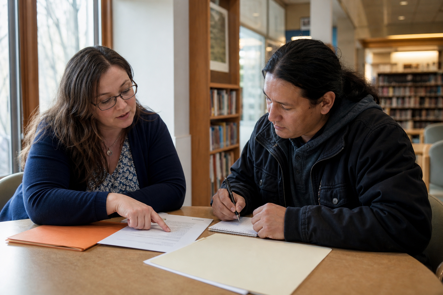 Two people reviewing a resume together